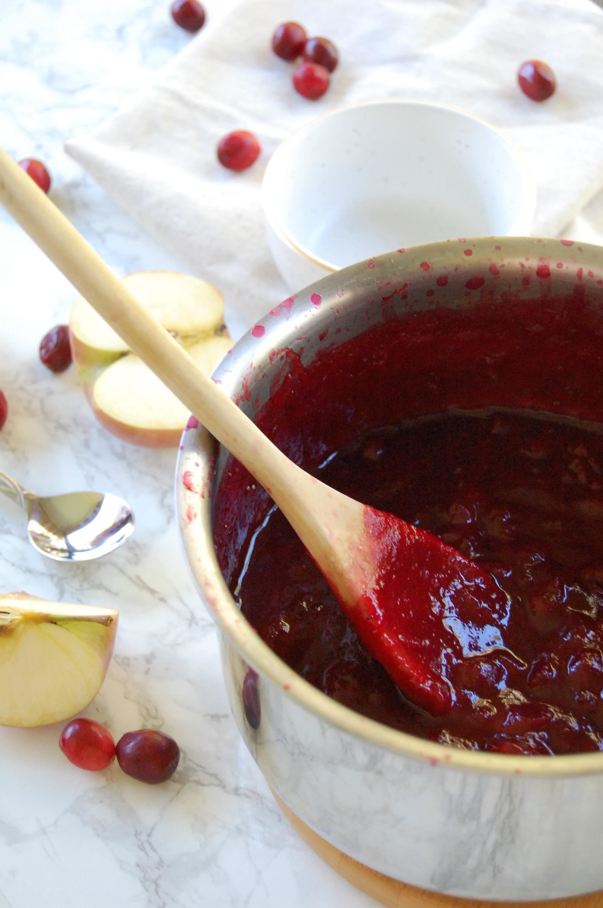 This apple cranberry sauce has no refined sugar and is low-maintenance to make, making it perfect for holiday gatherings!