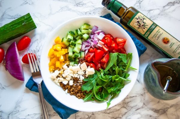 Dive into Greek lentil power bowls for an easy meal prep healthy dinner recipe (or lunch!) that's tasty, vegetarian, and gluten-free.