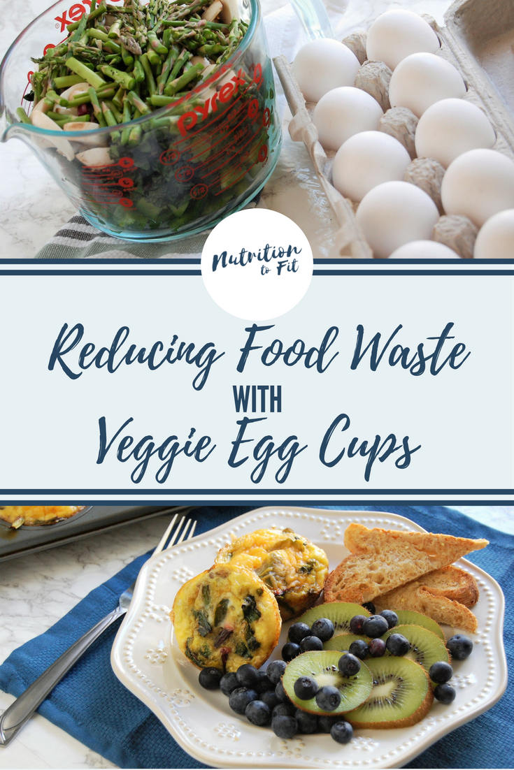 Tips for easy ways to reduce food waste that will save money in your grocery budget and help the environment, too. A super easy veggie egg cup or egg muffin recipe is included that you can customize with whatever foods need to be used! |earth day, nutrition, dietitian, healthy recipe, breakfast recipe, healthy breakfast, egg recipe, egg muffin recipe, veggies for breakfast, muffin tin use |