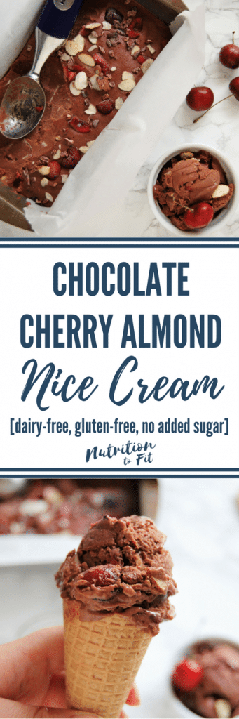 This Chocolate Cherry Almond Nice Cream recipe is a perfect summer treat. Fresh, sweet, cold, and delicious, it has no added sugar, is dairy-free and gluten-free! Get the recipe and others like it @nutritiontofit.