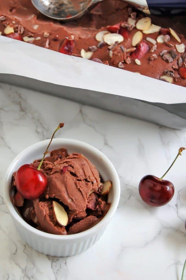 Chocolate cherry almond nice cream is a delicious antioxidant-packed summer treat with no added sugar!