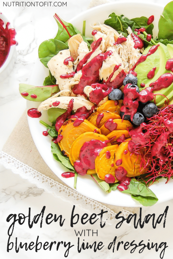 This golden beet salad with blueberry lime dressing is a colorful, healthy salad recipe that is packed with nutrition and flavor! It's a great recipe for leftover rotisserie chicken.