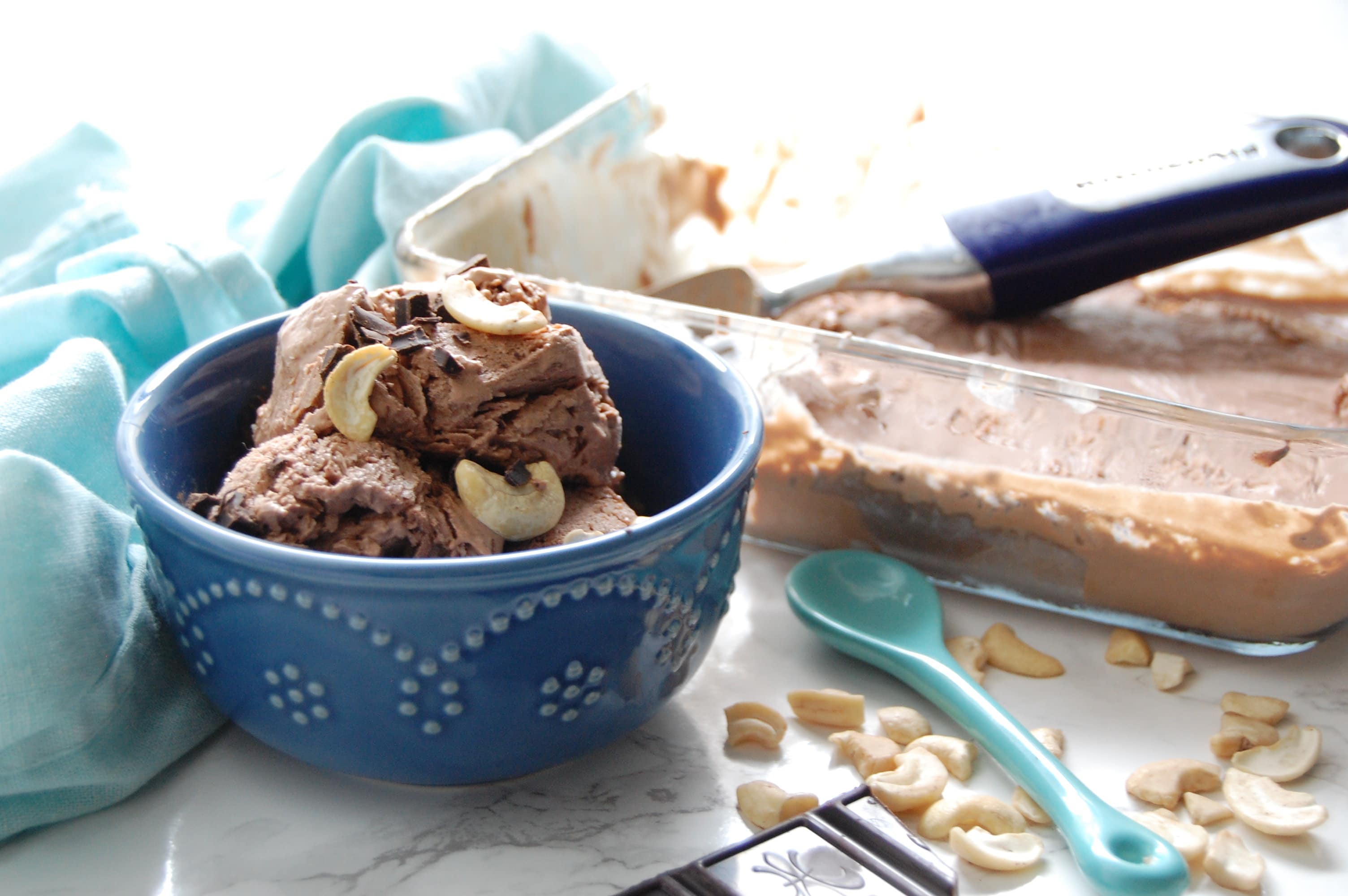 This easy frozen treat is a no-churn frozen yogurt with just four ingredients. Get the Chocolate Cashew Frozen Yogurt recipe from Nutrition to Fit today!