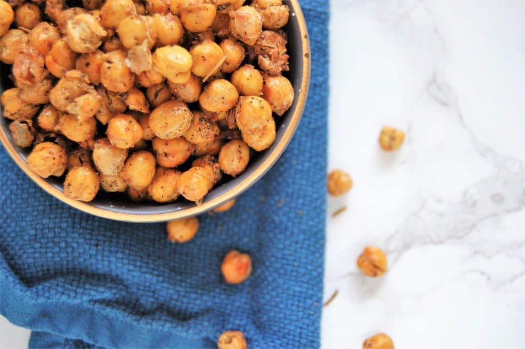 Rosemary Cumin Roasted Chickpeas make a delicious, crunchy, fiber-filled snack or appetizer. They're easy to make and very food allergy-friendly.