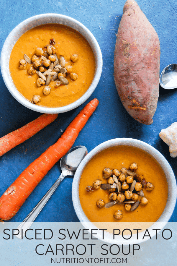 Grab a spoon and get ready for a cozy night in with this spiced sweet potato carrot soup. It's a plant-based, vegan soup loaded with nutrition!
