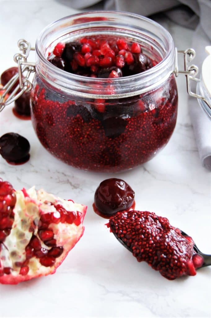 Pomegranate Cherry Chia Pudding is the easiest #CrazyHealthy snack with POM Wonderful 100% Pomegranate Juice. It's entirely fruit-sweetened, dairy-free, and a delicious take on chia pudding.