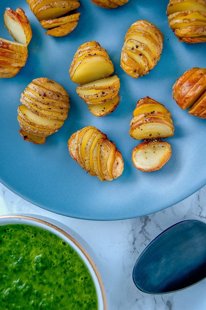 Hasselback Baby Potatoes with Orange Basil Pesto are a sophisticated, flavorful, fresh, yet simple side dish. They're gluten-free, dairy-free, nut-free, soy-free, and vegan.