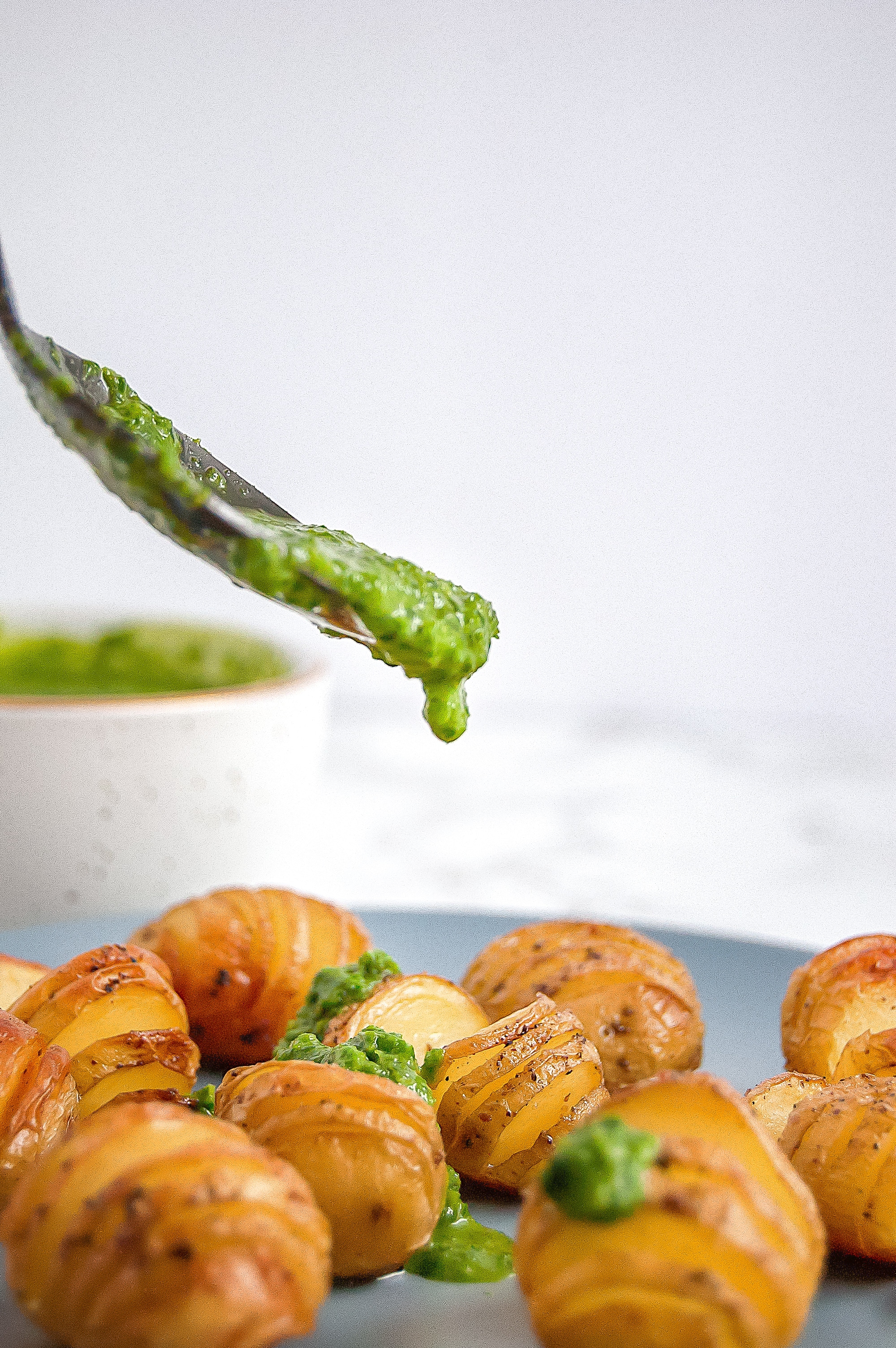 Hasselback Baby Potatoes with Orange Basil Pesto are a sophisticated, flavorful, fresh, yet simple side dish. They're gluten-free, dairy-free, nut-free, soy-free, and vegan.
