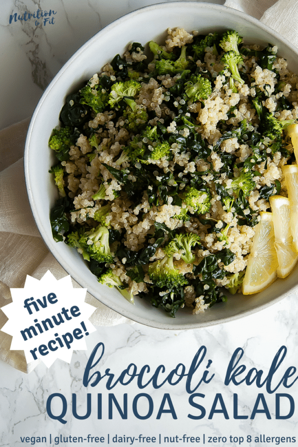 This 5-Minute Broccoli Kale Quinoa Salad from Nutrition to Fit is a deliciously light and healthy grain salad. It's packed with nutrients and is naturally gluten-free and free of all of the top 8 most common food allergens.