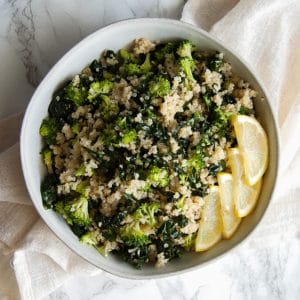 This 5-Minute Broccoli Kale Quinoa Salad is a deliciously light and healthy grain salad. It's packed with nutrients and is naturally gluten-free and free of all of the top 8 most common food allergens.