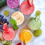 overhead shots of various brightly colored agua frescas