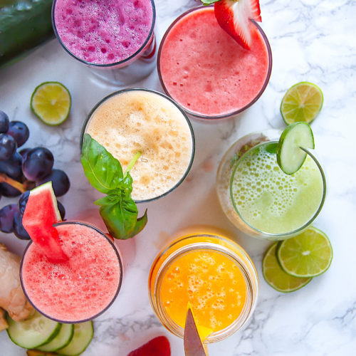 overhead shots of various brightly colored agua frescas