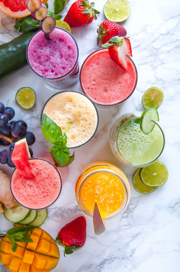 overhead shots of various brightly colored agua frescas