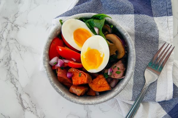 sweet potato bowl with steak, egg, mushrooms, tomato, spinach, and onion