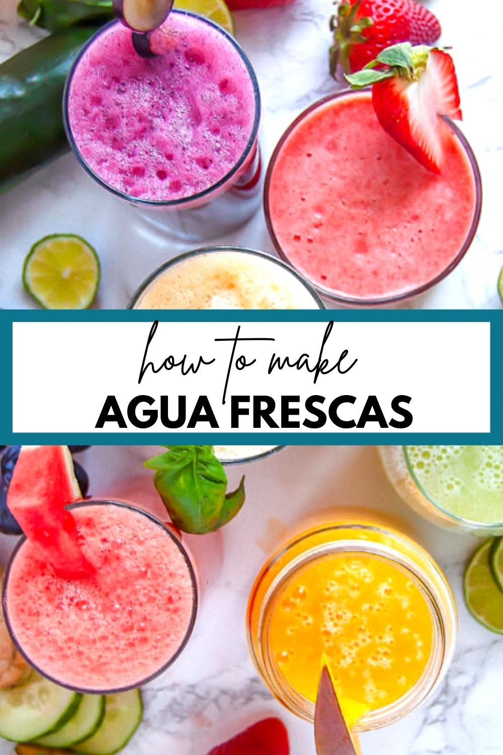 overhead shot of 6 glasses of brightly and different colored agua frescas