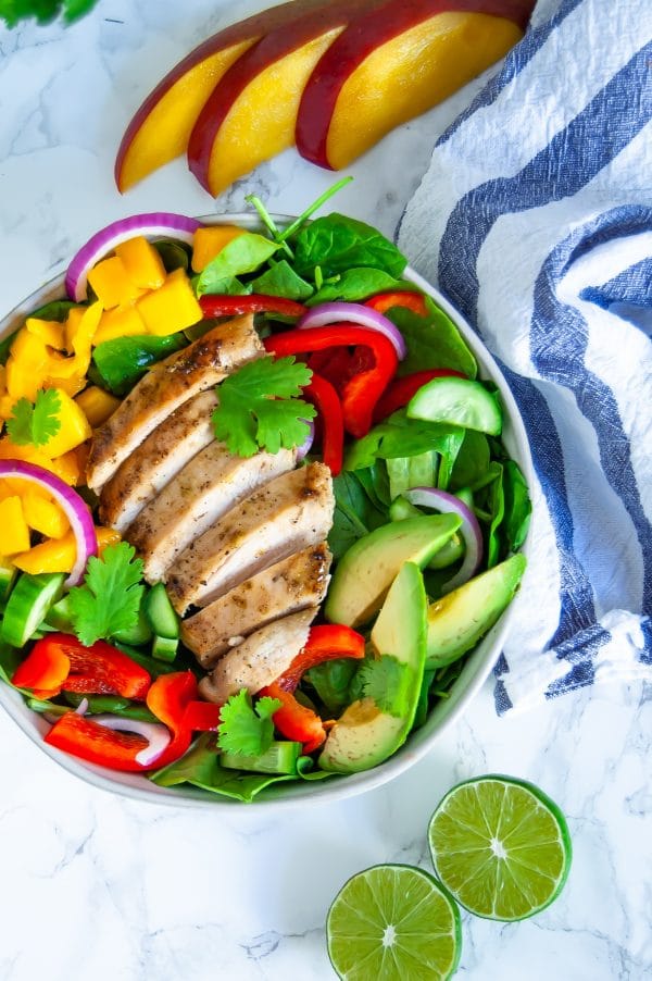 This mango chicken salad with cilantro lime dressing is a fresh and flavorful salad perfect to keep you energized in warmer months. Naturally gluten-free and dairy-free, this mango chicken salad is full of protein, fiber, vitamin A, vitamin C, and antioxidants.