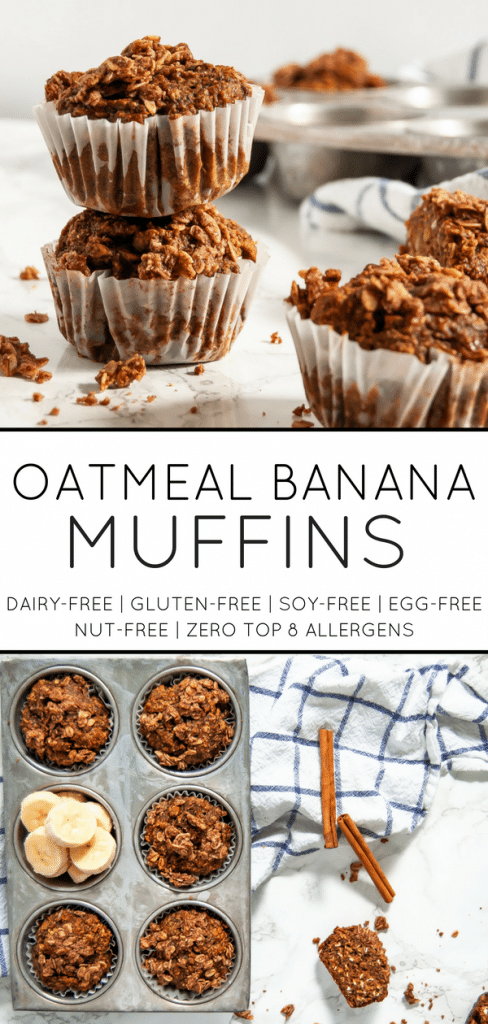 Wholesome oatmeal banana muffins are delicious and a perfect way to use up those brown bananas on your counter! gluten-free, nut-free, soy-free, egg-free, dairy-free, vegan