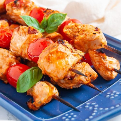 Tomato basil chicken kebabs make an easy, healthy chicken kebab recipe with a simple, flavorful tomato basil marinade. These tomato basil chicken kebabs are perfect for fresh summer grilling!