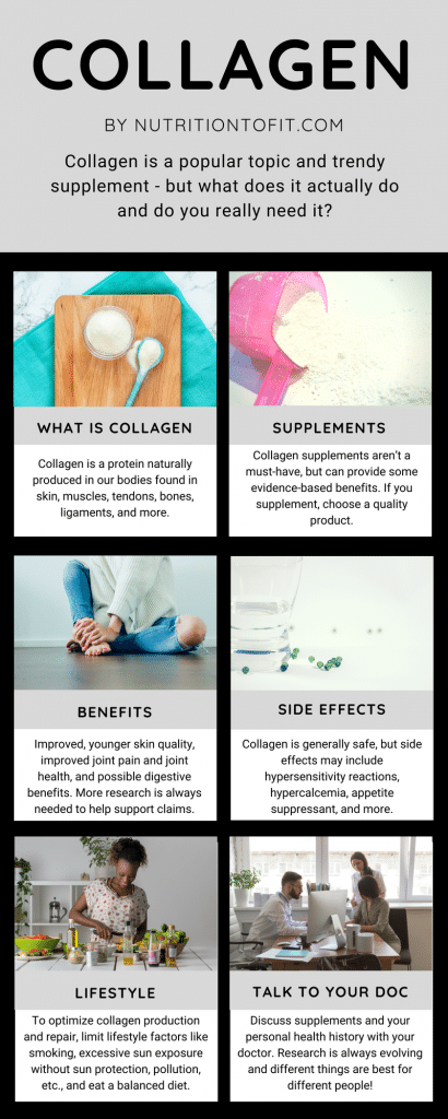 Collagen is a trendy nutritional supplement that many are adding to their diets. But what does it actually do? What does the science and research say about collagen? Let’s dive in together to see what research says about collagen benefits and collagen side effects.