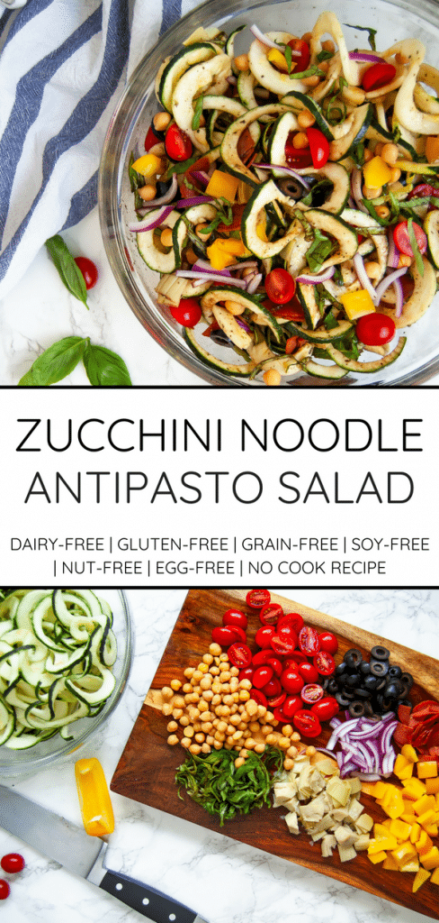 Antipasto salad gets a light and fresh take with this zucchini noodle antipasto salad. A fun zucchini noodle pasta salad, it's perfect with any healthy summer meal.