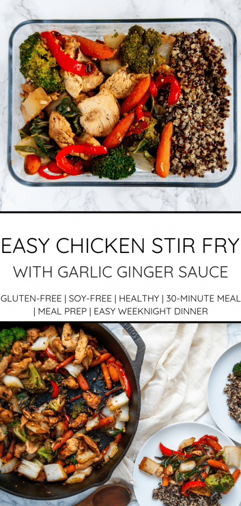 Easy chicken stir fry with garlic ginger sauce is a simple, healthy meal that can be made on a busy weeknight or easily added to your meal prep rotation.