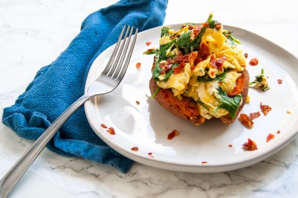 A breakfast stuffed sweet potato makes a delicious, simple, balanced, 5-minute healthy breakfast!