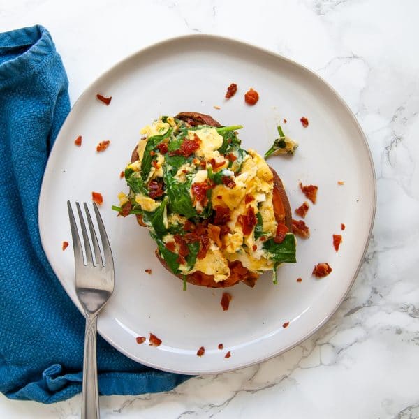 A breakfast stuffed sweet potato makes a delicious, simple, balanced, 5-minute healthy breakfast!