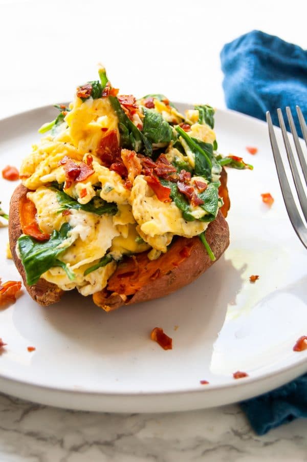 A breakfast stuffed sweet potato makes a delicious, simple, balanced, 5-minute healthy breakfast!