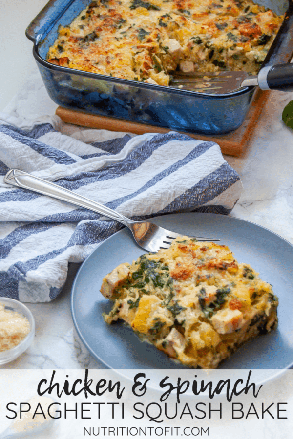 If you're a fan of healthy spaghetti squash recipes you've got to give this chicken & spinach spaghetti squash bake a try! It's creamy, gluten-free, and full of lean protein, vegetables, and flavor!