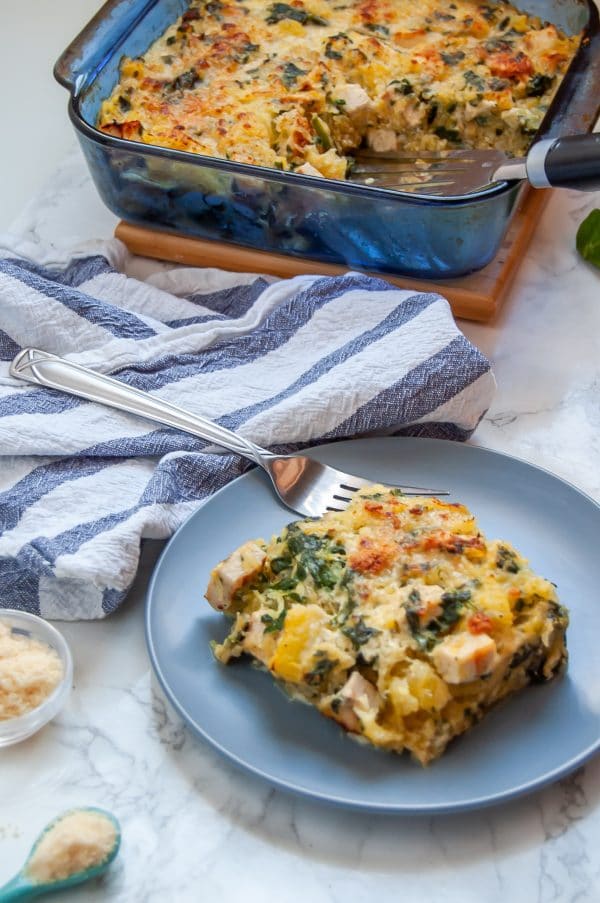 If you're a fan of healthy spaghetti squash recipes you've got to give this chicken & spinach spaghetti squash bake a try! It's creamy, gluten-free, and full of lean protein, vegetables, and flavor!