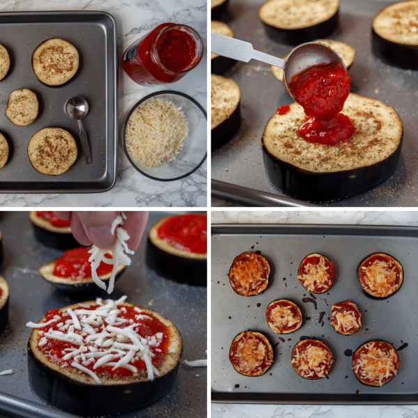 Eggplant pizzas are a healthy recipe to help you and your kids eat more vegetables! Vary the flavors with fun toppings of choice!