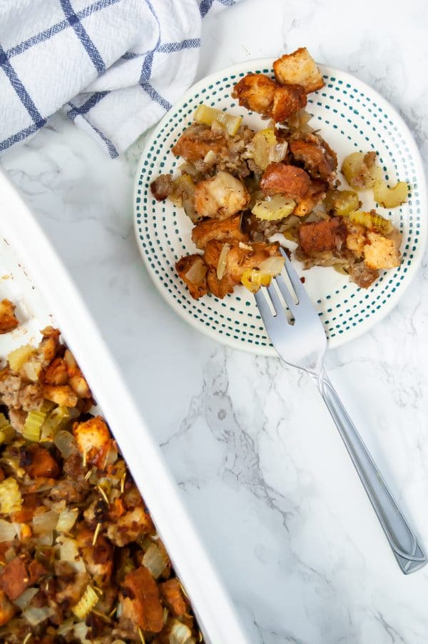 This gluten-free stuffing recipe with sausage is a classic, simple holiday side dish - the perfect Thanksgiving stuffing!
