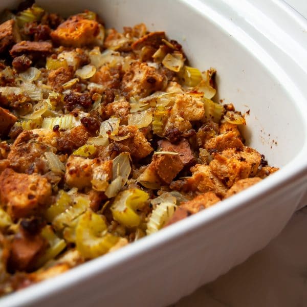 This gluten-free stuffing recipe with sausage is a classic, simple holiday side dish - the perfect Thanksgiving stuffing!