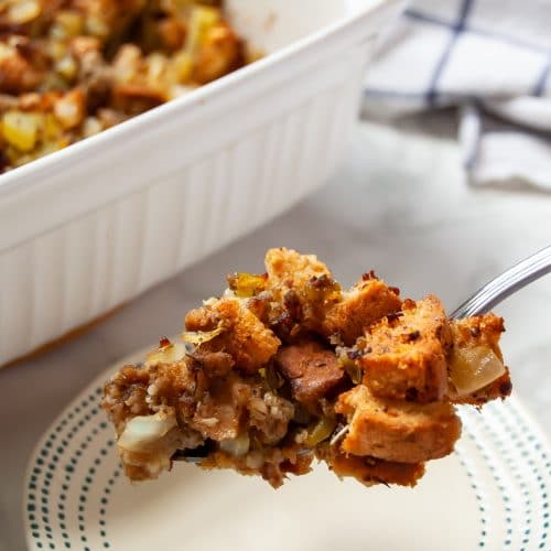 This gluten-free stuffing recipe with sausage is a classic, simple holiday side dish - the perfect Thanksgiving stuffing!