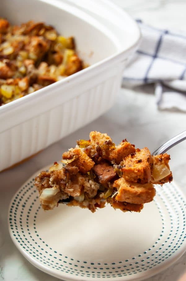 This gluten-free stuffing recipe with sausage is a classic, simple holiday side dish - the perfect Thanksgiving stuffing!