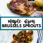 pictures of deeply caramelized, roasted brussels sprouts with text "maple djion brussels sprouts"