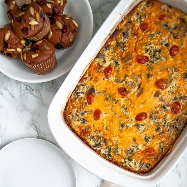 This Christmas breakfast casserole is a lightened up version of the classic sausage, hash brown, and egg casserole. It's gluten-free and is perfect for a Christmas breakfast recipe, Christmas brunch, or even Christmas Eve dinner, whatever your holiday traditions are!