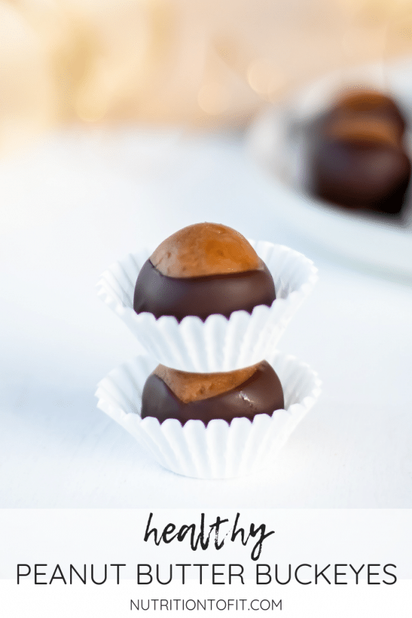 Your favorite peanut butter chocolate treat gets a makeover with this healthy buckeyes recipe, perfect for a healthy holiday dessert or snack!