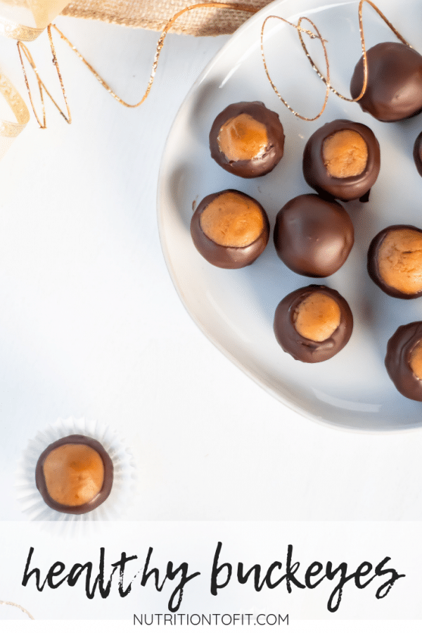 Your favorite peanut butter chocolate treat gets a makeover with this healthy buckeyes recipe, perfect for a healthy holiday dessert or snack!