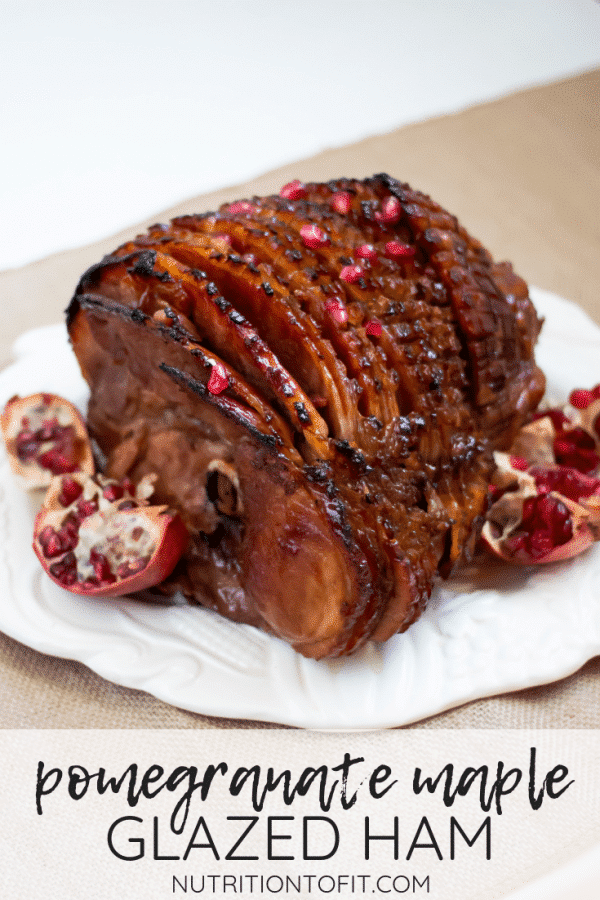 This pomegranate maple glazed ham has a glaze with no refined sugars and a balance of sweet, salty, and a little tang! Perfect for your holiday centerpiece!