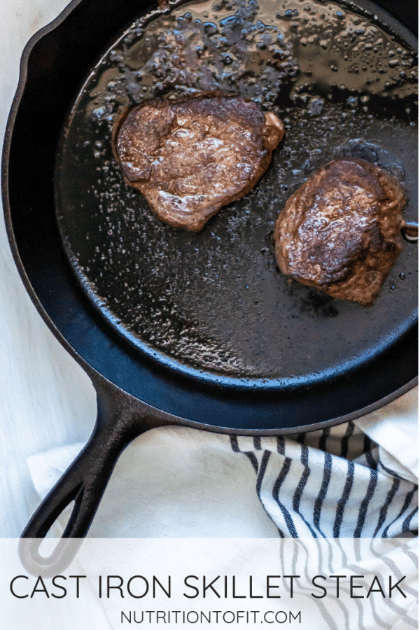 Pinterest Image of two cast iron skillet steaks in the skillet.