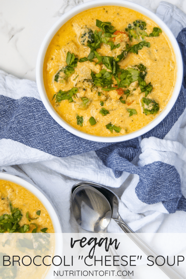 This easy, vegan broccoli cheese soup is perfect for busy weeknight dinners, as it's ready in under 30 minutes. It's also great to meal prep for vegan lunches!