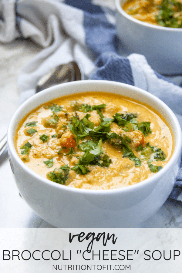 This easy, vegan broccoli cheese soup is perfect for busy weeknight dinners, as it's ready in under 30 minutes. It's also great to meal prep for vegan lunches!