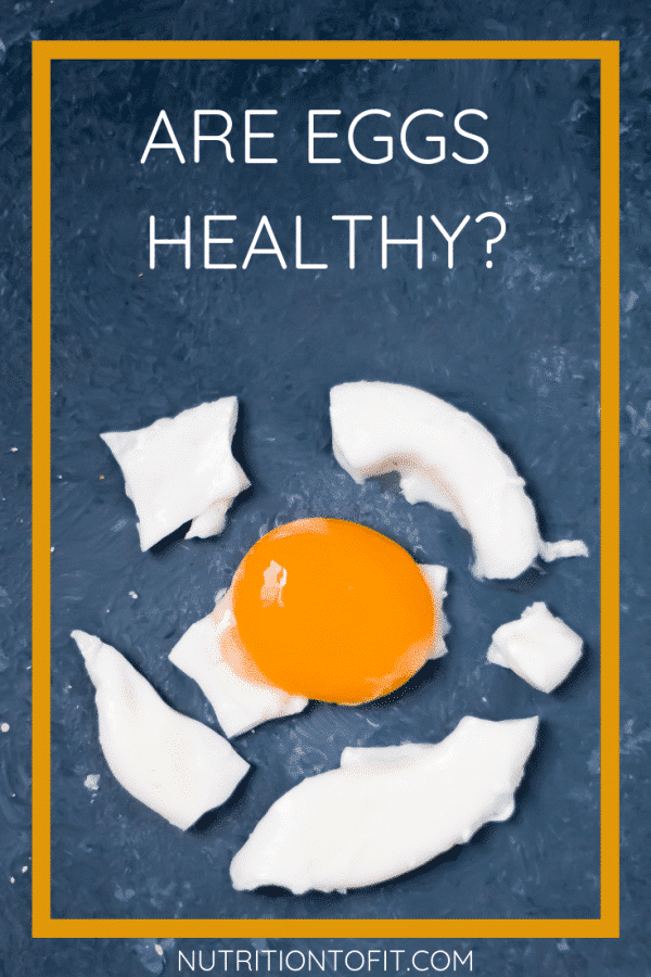 Pinterest image with blue background and a broken cooked egg in pieces with the text "Are eggs healthy?"