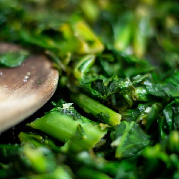 Up close of lemon garlic turnip greens.