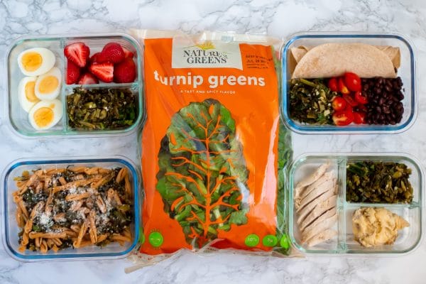 A bag of Nature's Greens turnip greens surrounded by 4 meal prep glass boxes showing how to use lemon garlic turnip greens different ways in your meal prep.