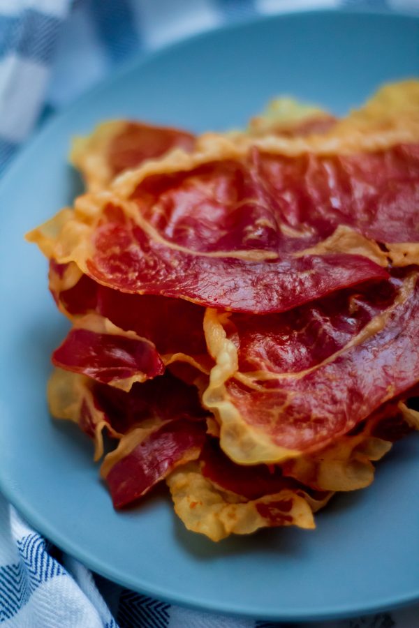 Crispy Prosciutto on a blue plate