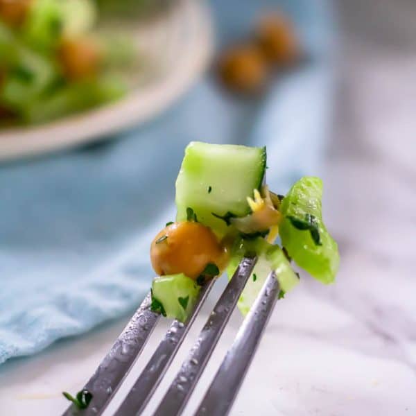 A fork of lettuce-less cucumber chickpea salad.