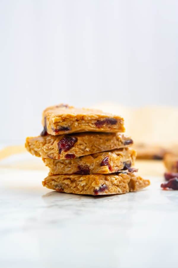 A stack of Peanut Butter & Jelly Bites made in bar form