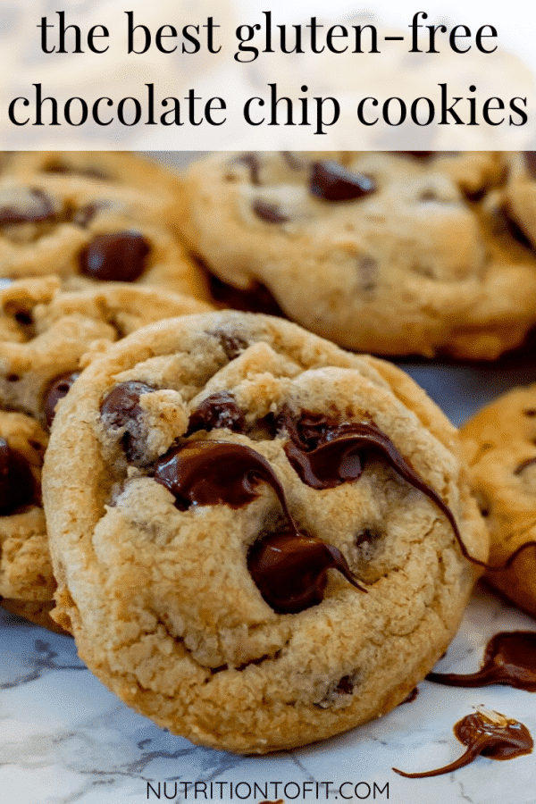 chocolate chip cookies with a text overlay that reads "the best gluten-free chocolate chip cookies"